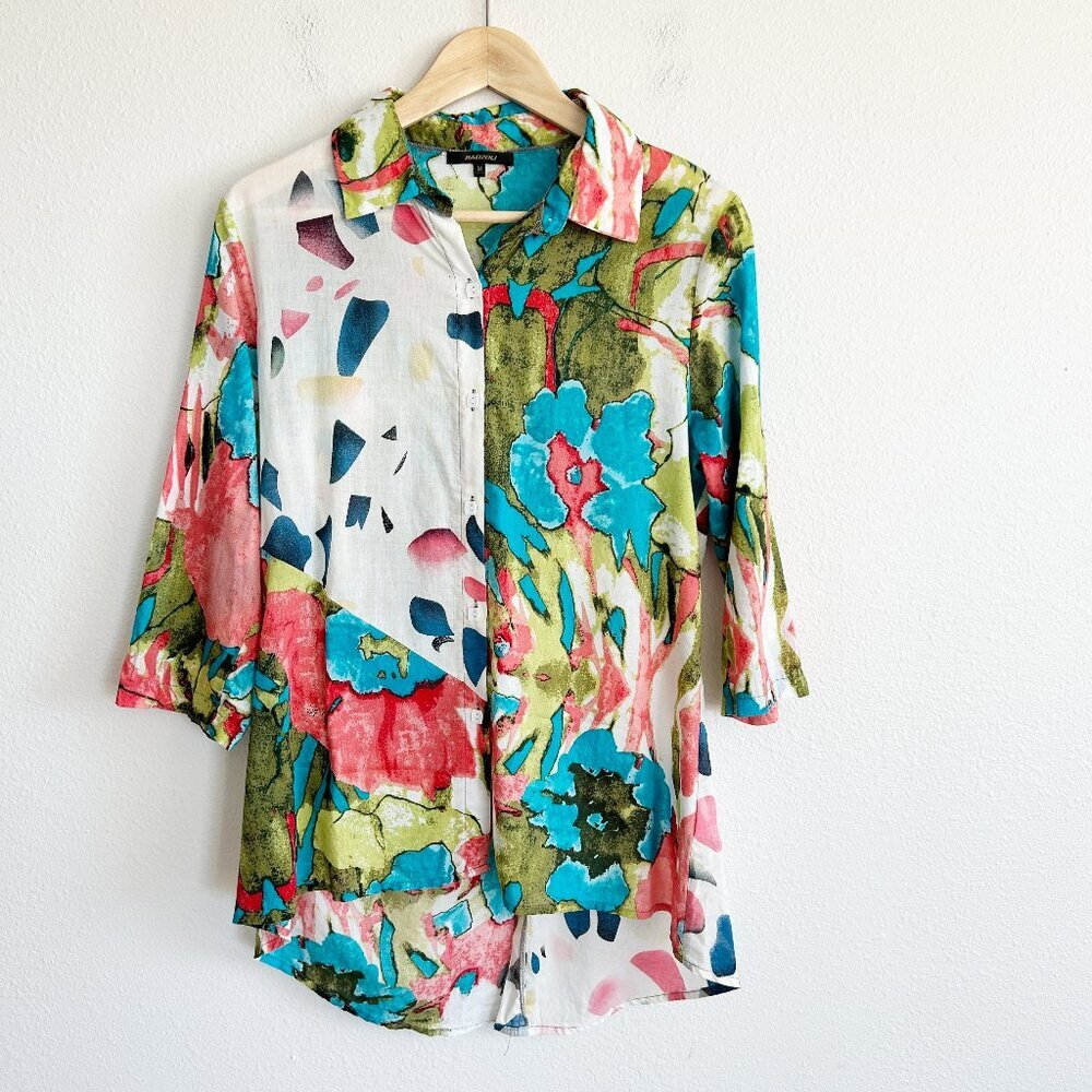 Radzoli Shirt Watercolor Print Button Down Tunic Lightweight Artsy